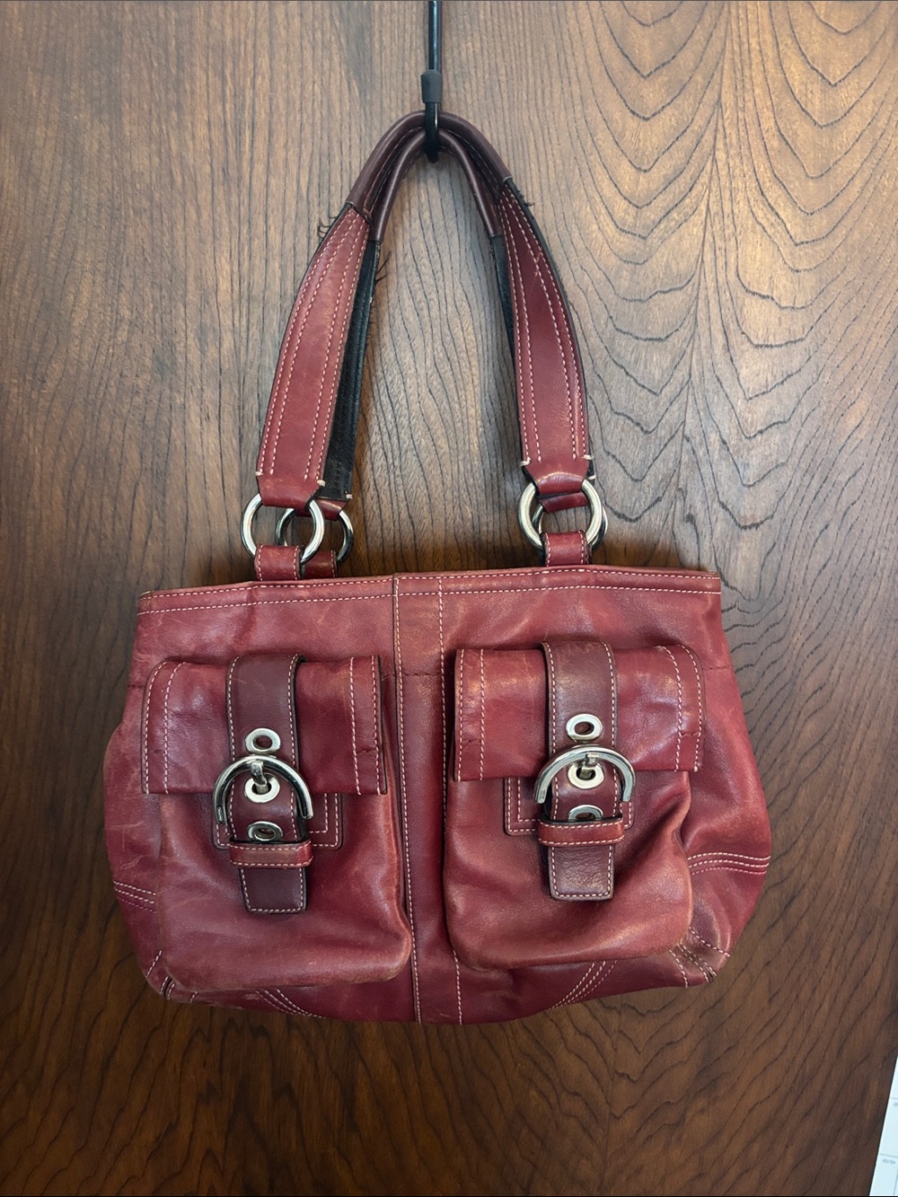Y2K Coach Burgundy Leather Hand Bag with Buckle Pockets - Picture 6 of 6